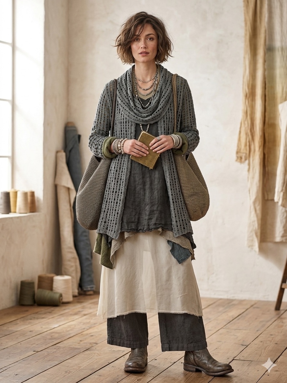 Ali Miles cowl neck open weave knit split front  lagenlook grey cardigan medium